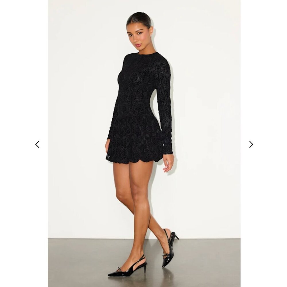 Long Sleeve Drop Waist Mini Dress Black Lace